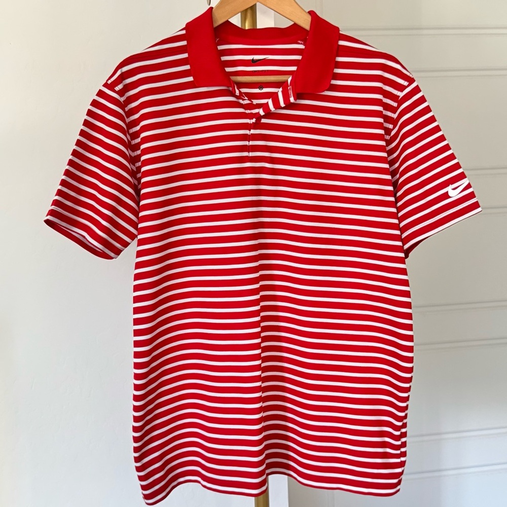 Dri Fit Blokecore Varsity Men's Red White Stripes Short Sleeve Polo Size Large